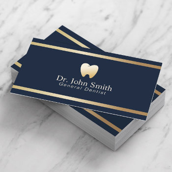 Dentist Modern Gold Stripe Navy Blue Dental Office Business Card by cardfactory at Zazzle