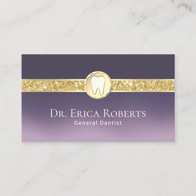 Dentist Modern Gold Tooth Logo Purple Ombre Dental Business Card (Front)