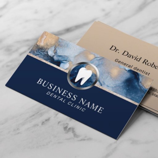Customizable Dentist Modern Navy Blue &amp; Gold Dental Office Business Card