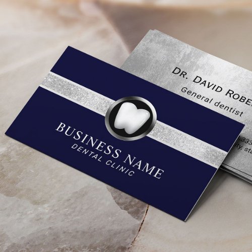 Dentist Modern Navy Blue  Silver Dental Office Business Card