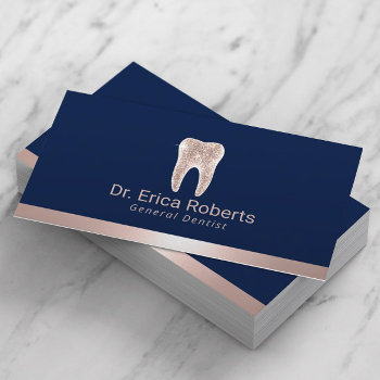 Dentist Modern Rose Gold Border Navy Blue Dental Business Card by cardfactory at Zazzle