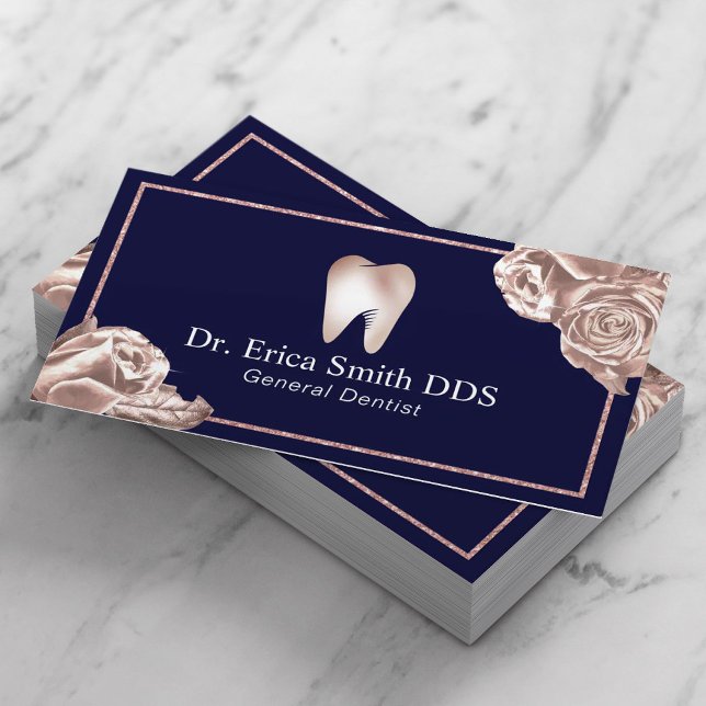 Dentist Modern Rose Gold Floral Navy Dental Care Business Card (Creator Uploaded)