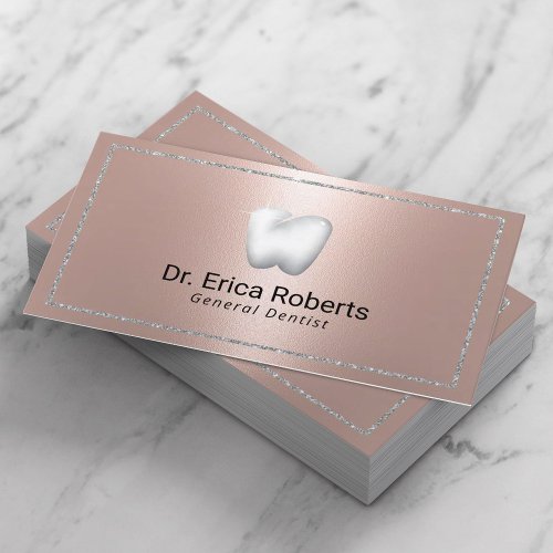 Dentist Modern Silver Frame Rose Gold Dental Care Business Card