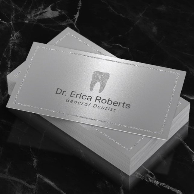 Dentist Modern Silver Metallic Dental Office Business Card (Creator Uploaded)
