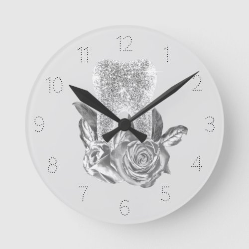 Dentist Modern Silver Tooth  Flowers Dental Round Clock