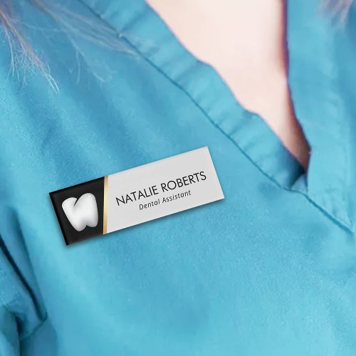 Dentist Modern White Tooth Gold Dental Assistant Name Tag