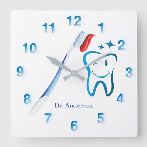 Dentist Monogram Cute Toothbrush Happy Tooth Square Wall Clock