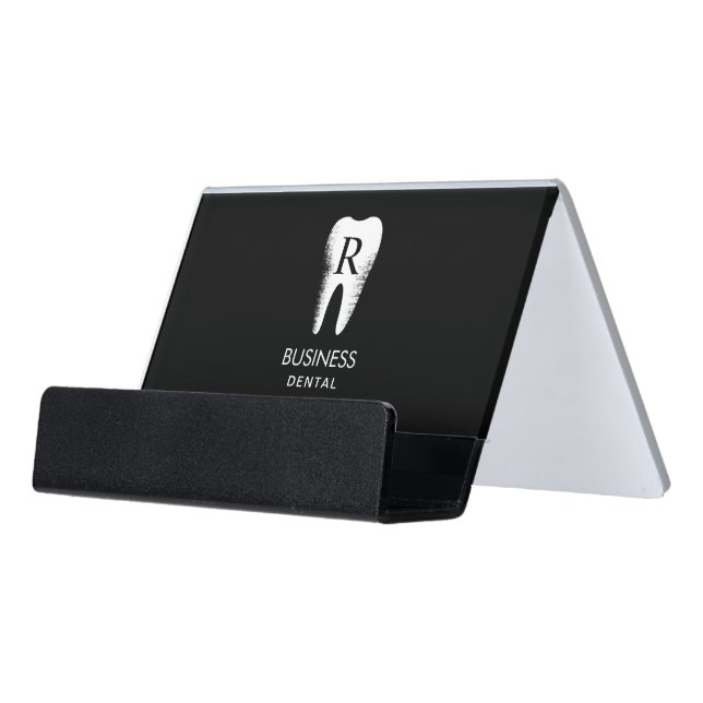 Dentist Monogram Initial Tooth Dental Care Desk Business Card Holder (Angled Front)