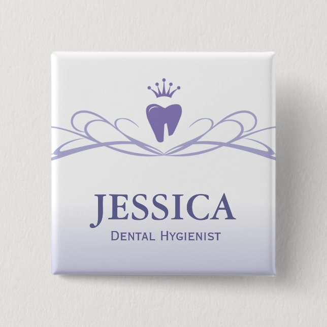 Dentist Name Tag Crown Tooth Purple Button (Front)