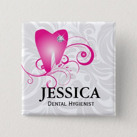Dentist Name Tag Diamond Tooth Leaves Pink Button
