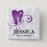 Dentist Name Tag Diamond Tooth Leaves Purple Button at Zazzle