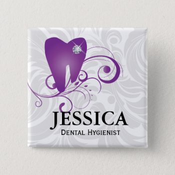 Dentist Name Tag Diamond Tooth Leaves Purple Button by DentalBusinessCards at Zazzle