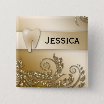 Dentist Name Tag Gold Glitter Tooth Leaves Pinback Button by DentalBusinessCards at Zazzle