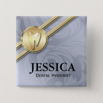 Dentist Name Tag Gold Tooth Leaves Gray Pinback Button by DentalBusinessCards at Zazzle