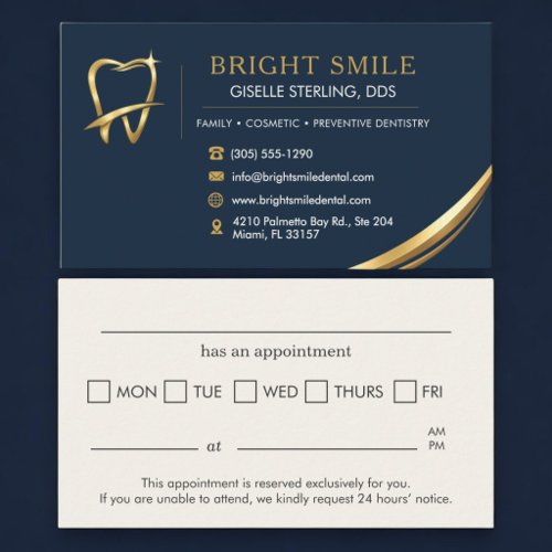 Dentist Navy Blue Gold Logo Dental Appointment Card