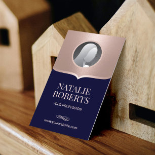 Dentist Navy & Rose Gold Photo Dental Office Business Card