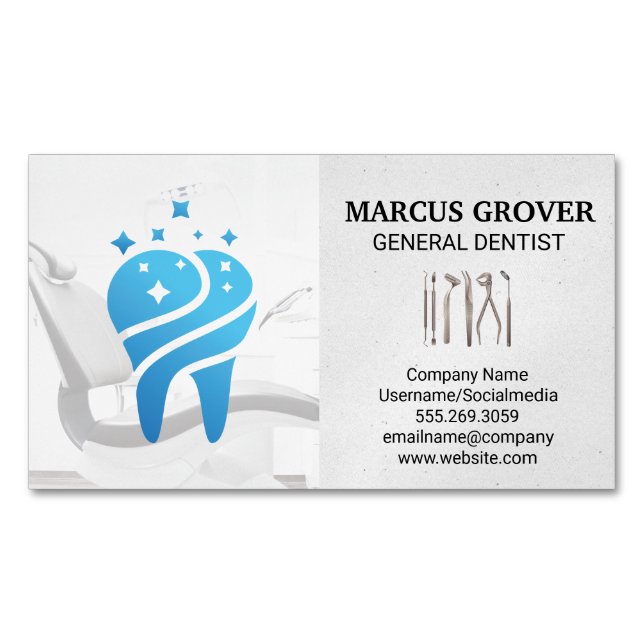 Dentist Office | Clean Blue Tooth | Dental Tools  Business Card Magnet (Front)