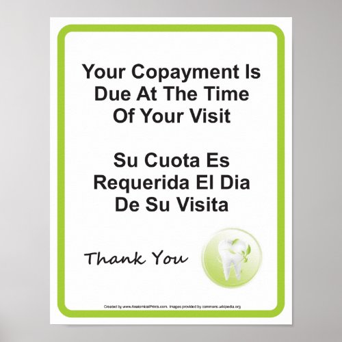 Dentist Office Copayment Wall Sign English Spanish