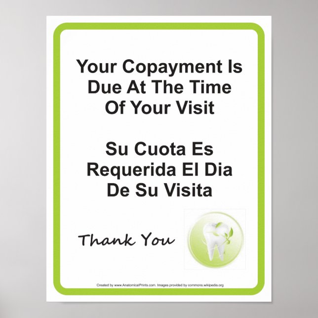 Dentist Office Copayment Wall Sign English Spanish (Front)