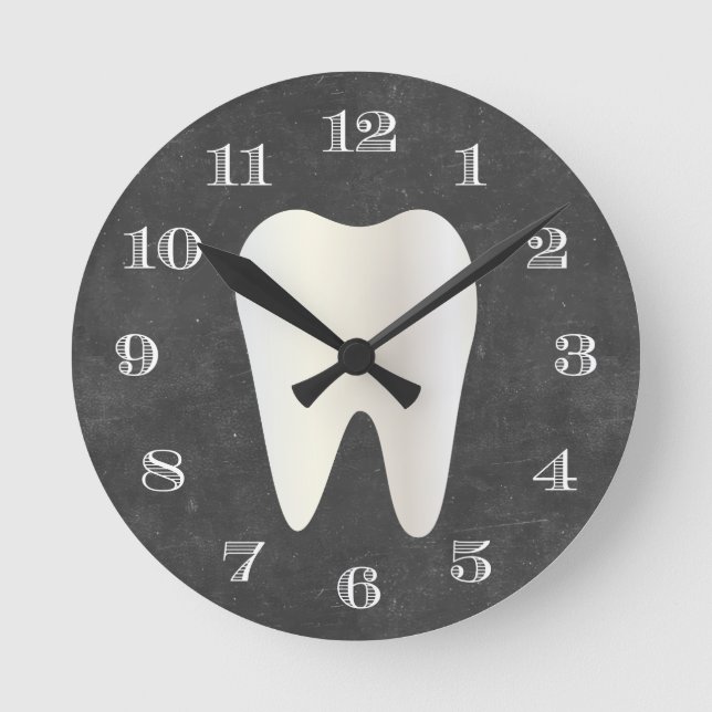 Dentist Office Dental Care White Tooth Chalkboard Round Clock (Front)