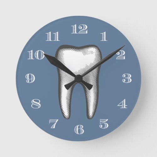 Dentist Office Dental Care White Tooth Dusty Blue Round Clock