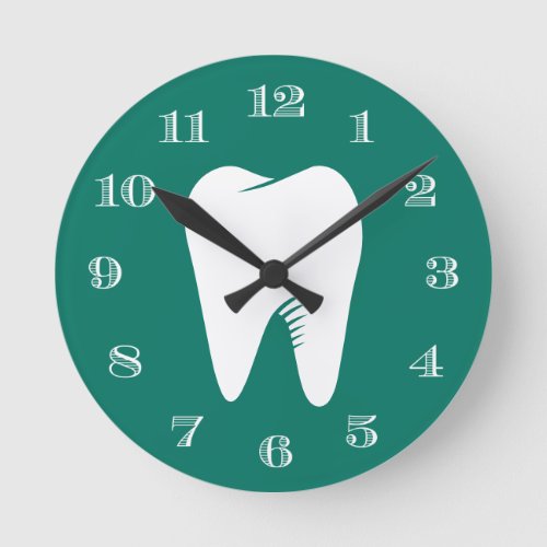 Dentist Office Dental Care White Tooth Teal Green Round Clock
