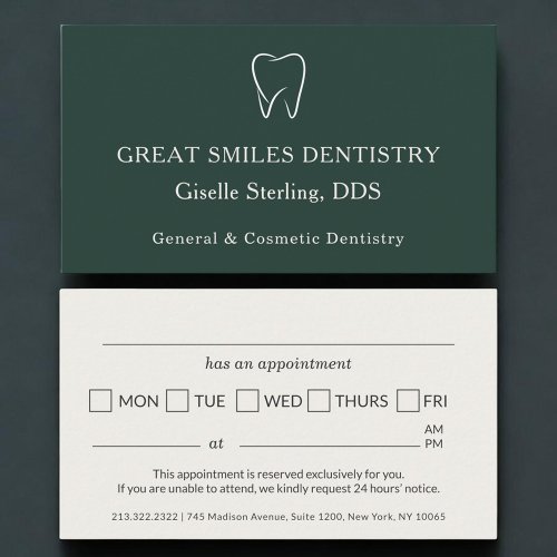 Dentist Office Green Tooth Dental Appointment Card