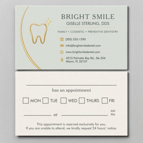 Dentist Office Sage Green Gold Tooth Appointment Business Card