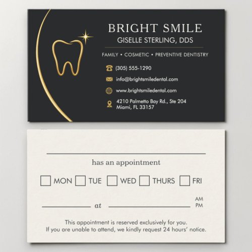 Dentist Office Tooth Gold Black Appointment Card