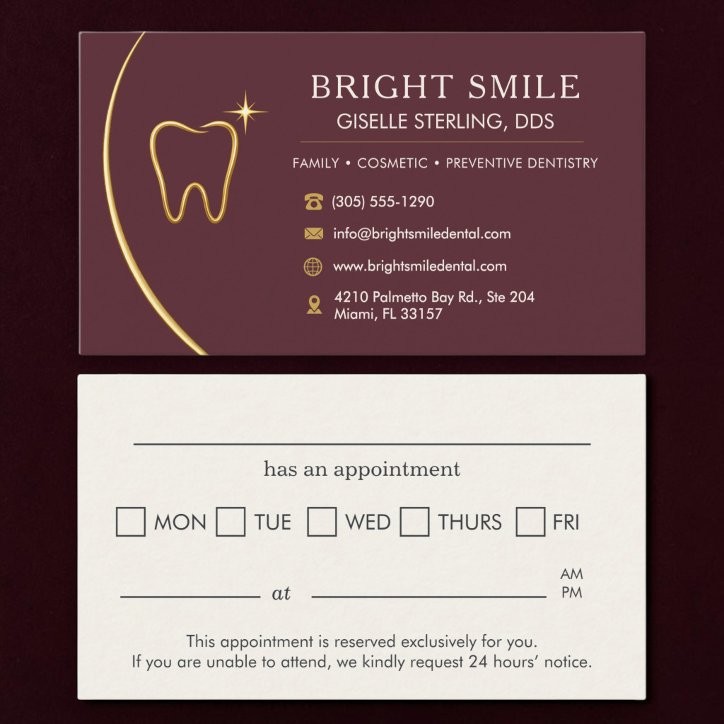 Dentist Office Tooth Gold Burgundy Appointment Business Card