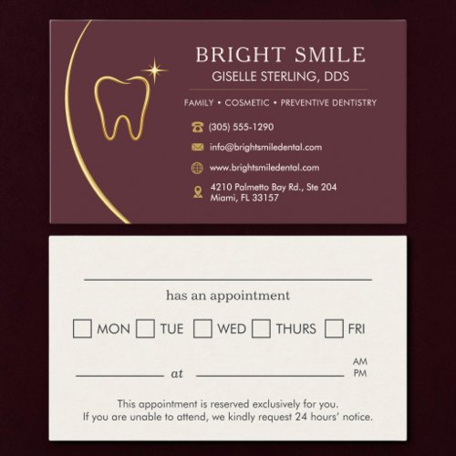 Dentist Office Tooth Gold Burgundy Appointment Card
