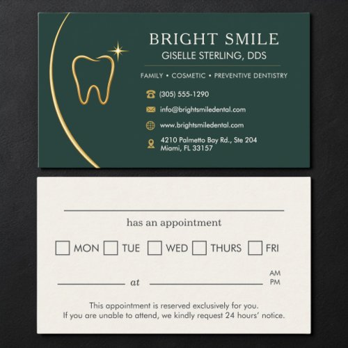 Dentist Office Tooth Gold Green Appointment Business Card