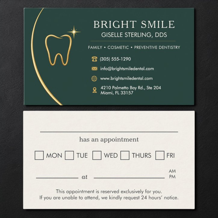 Dentist Office Tooth Gold Green Appointment Business Card
