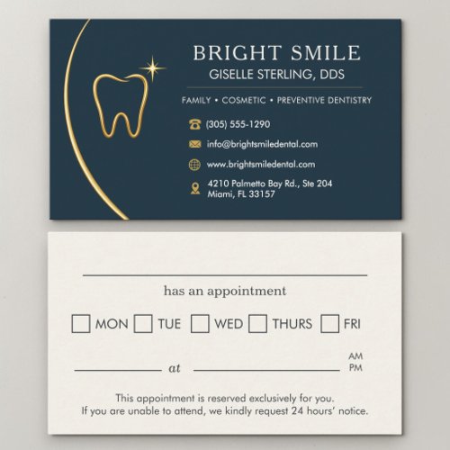 Dentist Office Tooth Gold Navy Blue Appointment Card