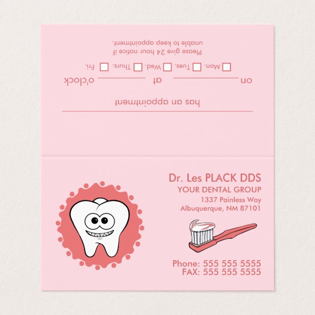Dentist Pink Appointment Business Cards (Outside Unfolded)