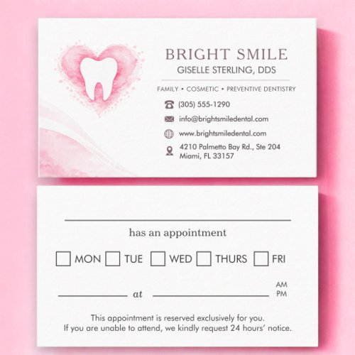 Dentist Pink Heart Watercolor Tooth Appointment Business Card