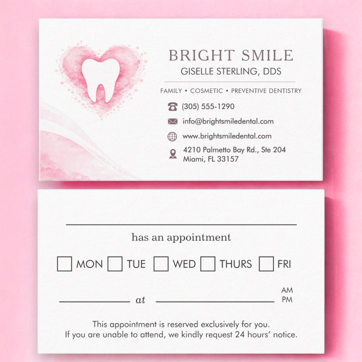 Dentist Pink Heart Watercolor Tooth Appointment Business Card