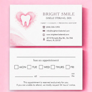 Dentist Pink Heart Watercolor Tooth Appointment Card