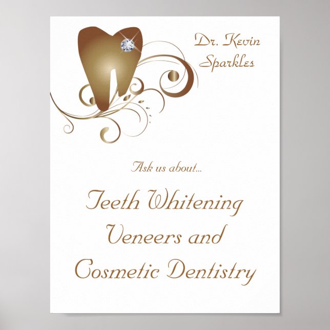 Dentist Poster Tooth Logo Gold Swirls Diamond (Front)