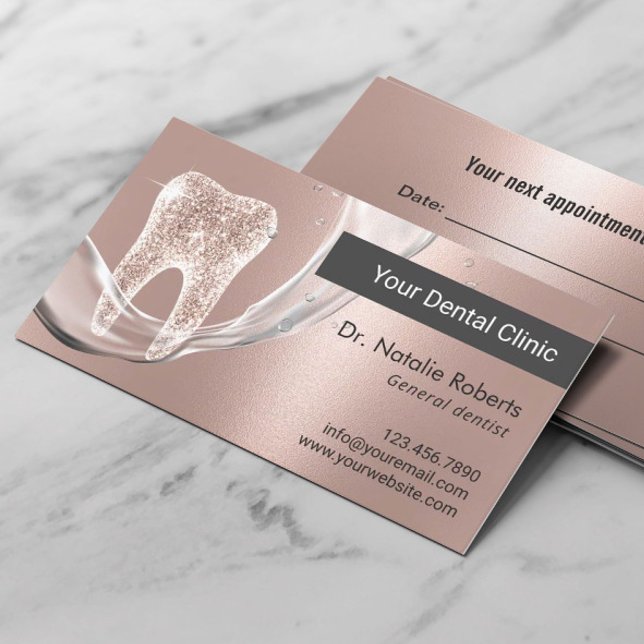Dentist Rose Gold Glitter Tooth Water Flow Dental Appointment Card (Creator Uploaded)