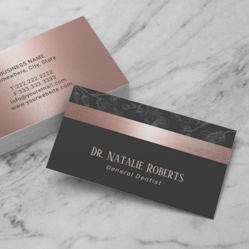 Dentist Rose Gold Stripe Gray Floral Dental Care Business Card