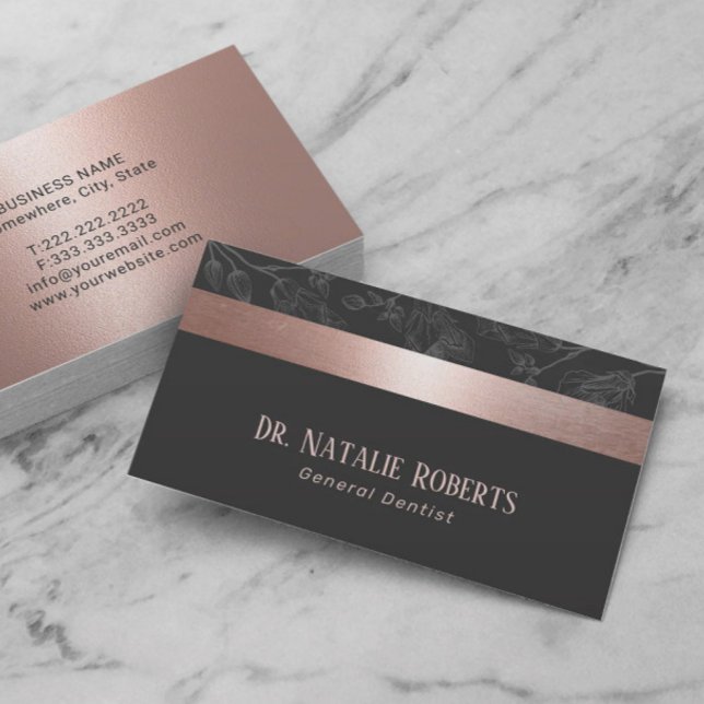 Dentist Rose Gold Stripe Gray Floral Dental Care Business Card (Creator Uploaded)