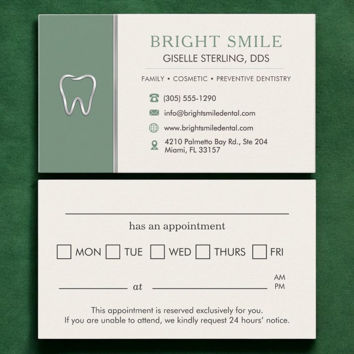 Dentist Sage Green Metallic Tooth Appointment Business Card