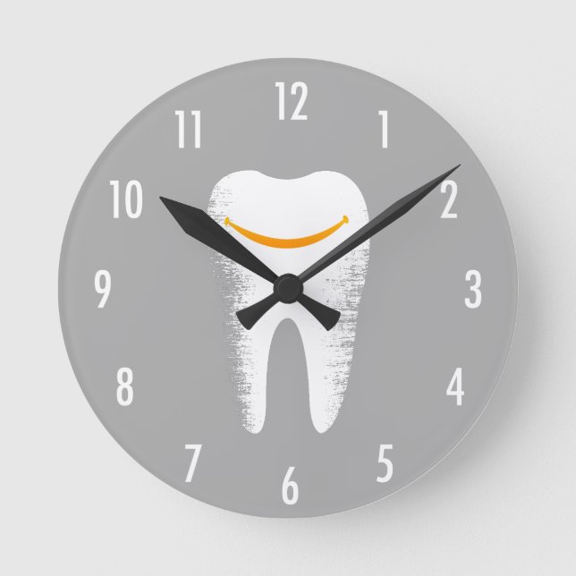 Dentist Smiling Tooth Modern Silver Dental Office Round Clock (Front)