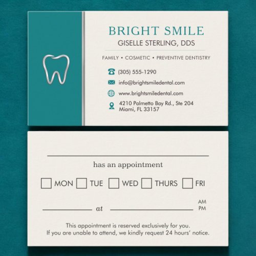 Dentist Teal Metallic Tooth Office Appointment Card