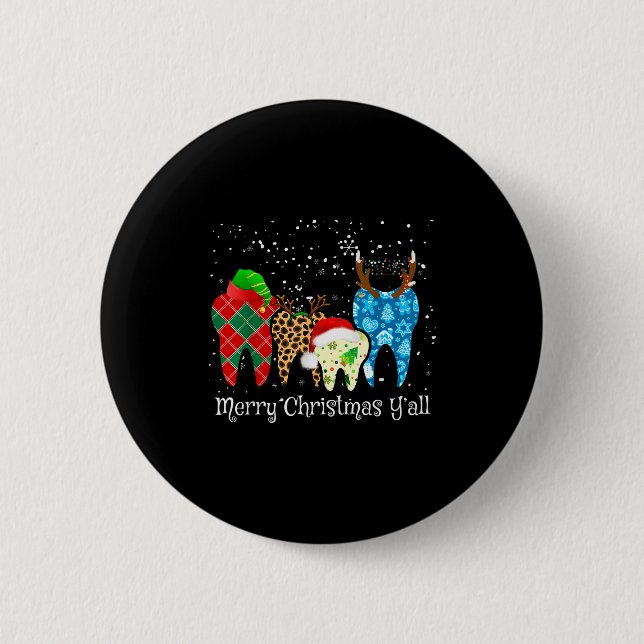 Dentist Teeth Santa Hat Leopard Plaid Dental Merry Button (Front)