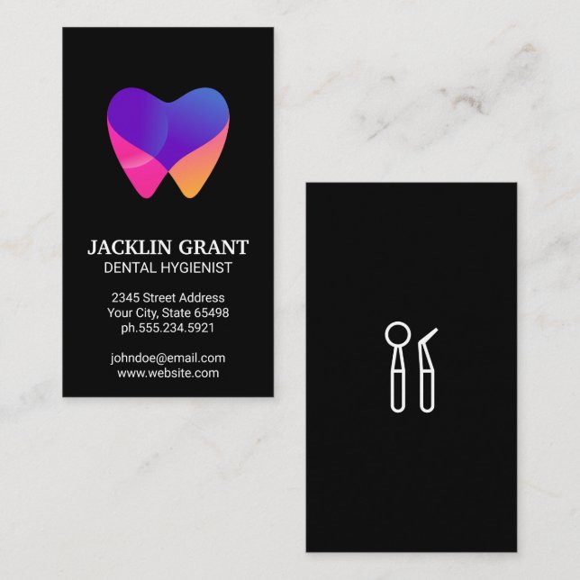 Dentist Tools | Modern Colorful Tooth Icon Business Card (Front/Back)