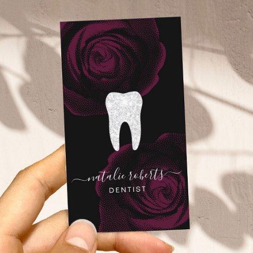 Dentist Tooth Burgundy Red Floral Dental Office Business Card