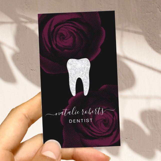 Dentist Tooth Burgundy Red Floral Dental Office Business Card (Creator Uploaded)