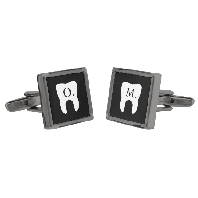Dentist Tooth Custom Initials Gunmetal Finish Cufflinks (Angled)
